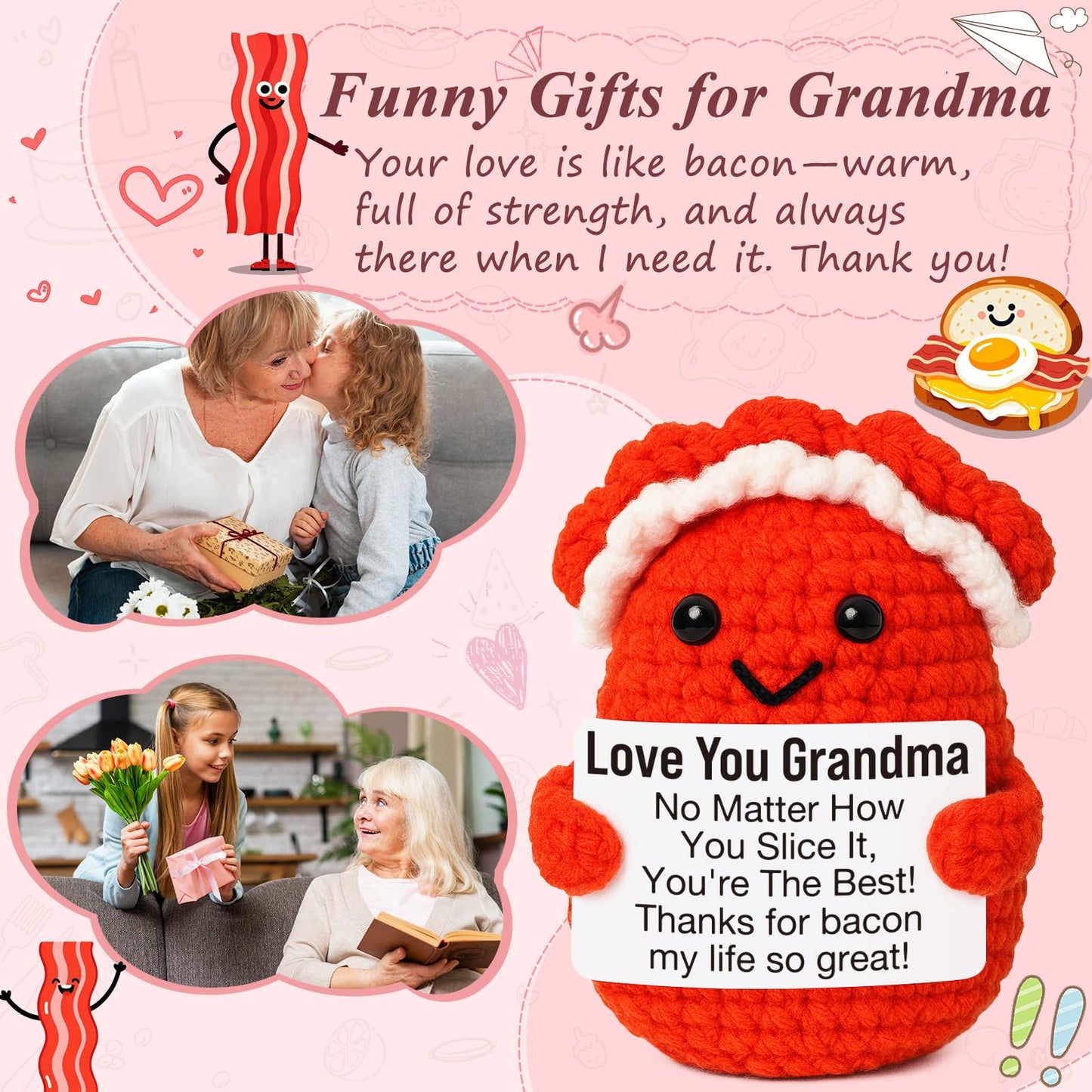 Mini Birthday Grandma Gifts from Granddaughter Grandson Christmas Thanksgiving Day Gift for Grandma Cute Handmade Crochet Bacon