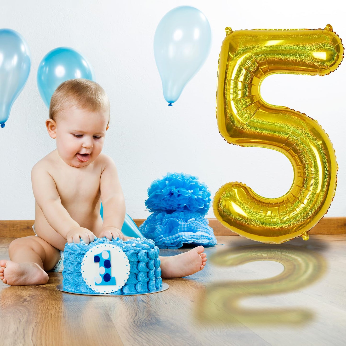 5 Balloons Number Laser Gold, 40 Inch Mylar Number 5 Balloons Self Inflating For Boys, Giant Foil Helium Iridescent Globos Dorad