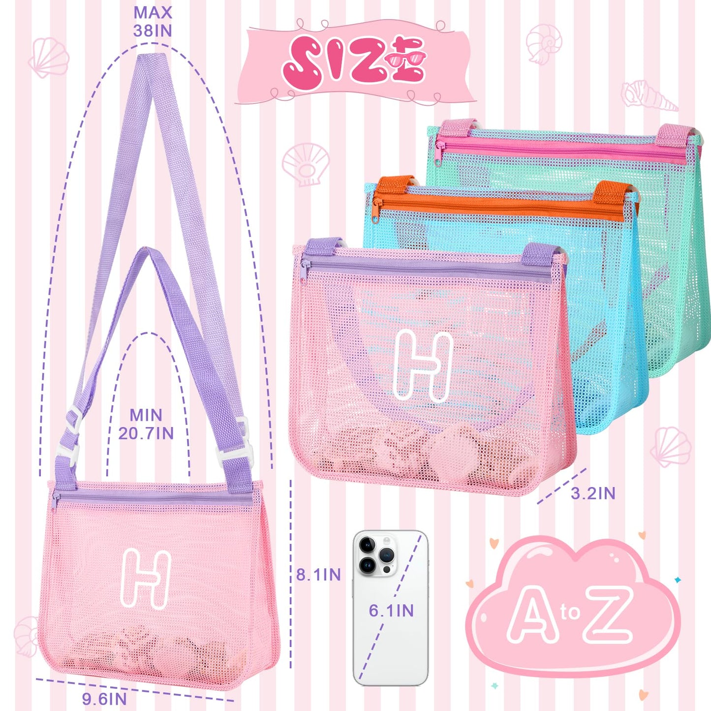 3Pcs Personalized Kids Beach Shell Bag, Initial Seashell Mesh Zipper Beach Pouch, Shell Collecting Bag for Holding Shells with A