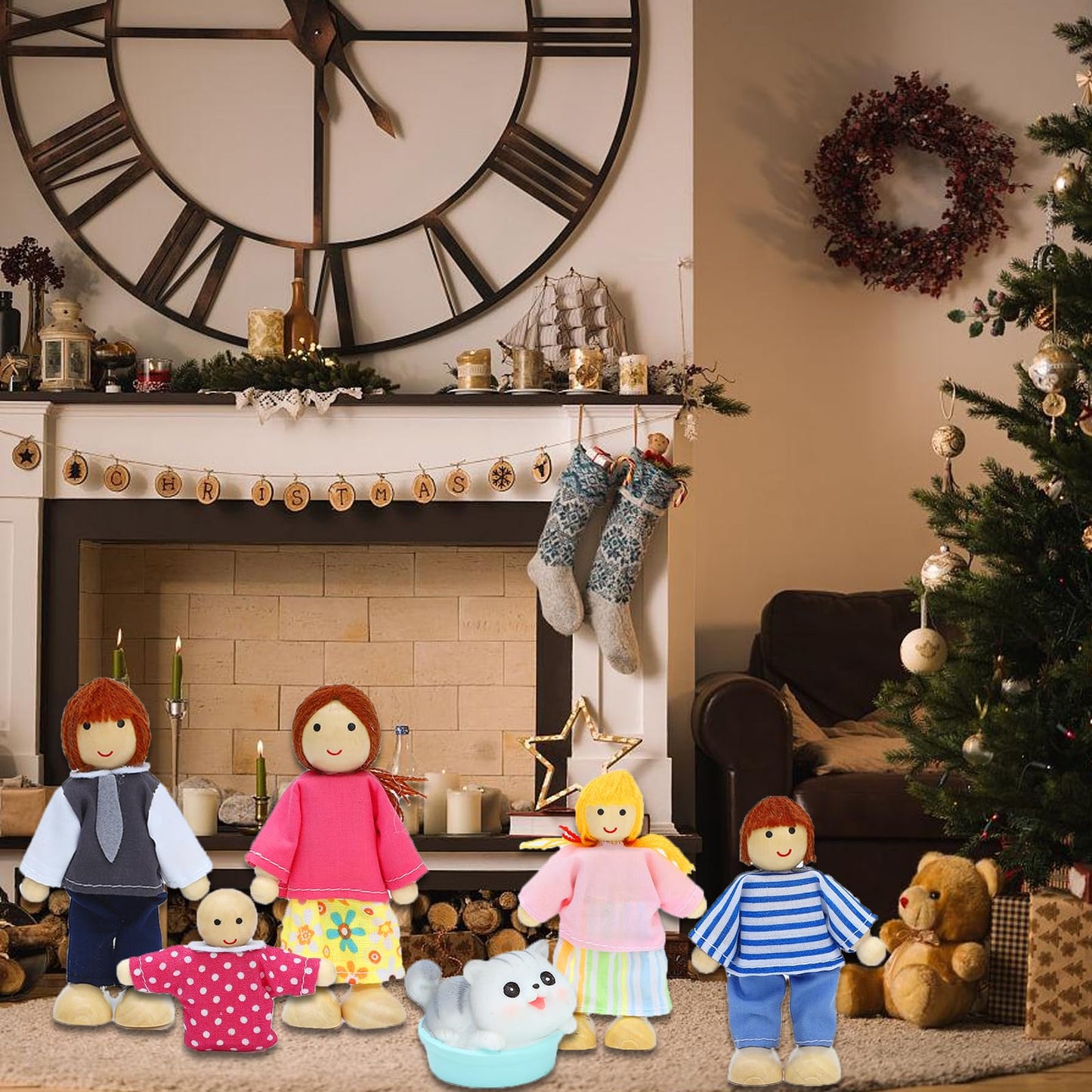 ONEST 18 Pieces Wooden Dollhouse Family Set Mini People Figures Dog Cat Sets Dollhouses Dolls Wooden Doll Family Pretend Play Fi