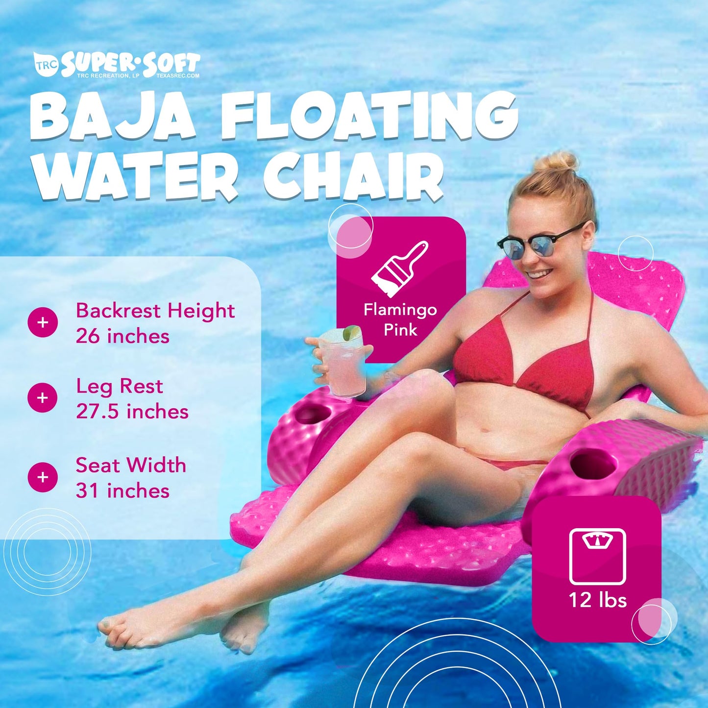 Trc Recreation Folding Baja Chair Foam Swimming Pool Float, Portable Super Soft Floating Lounger With 2 Cup Holders For Beach Essentials, Pink