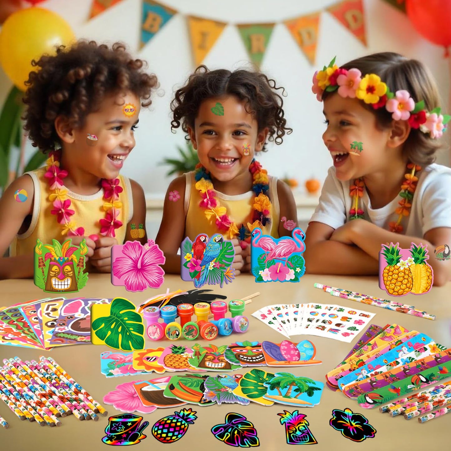 BenLouis Hawaiian Luau Party Favors Set - 108 Pcs Tropical Tiki Theme Goodie Bag Stuffers for Kids Birthday Pool School Classroom