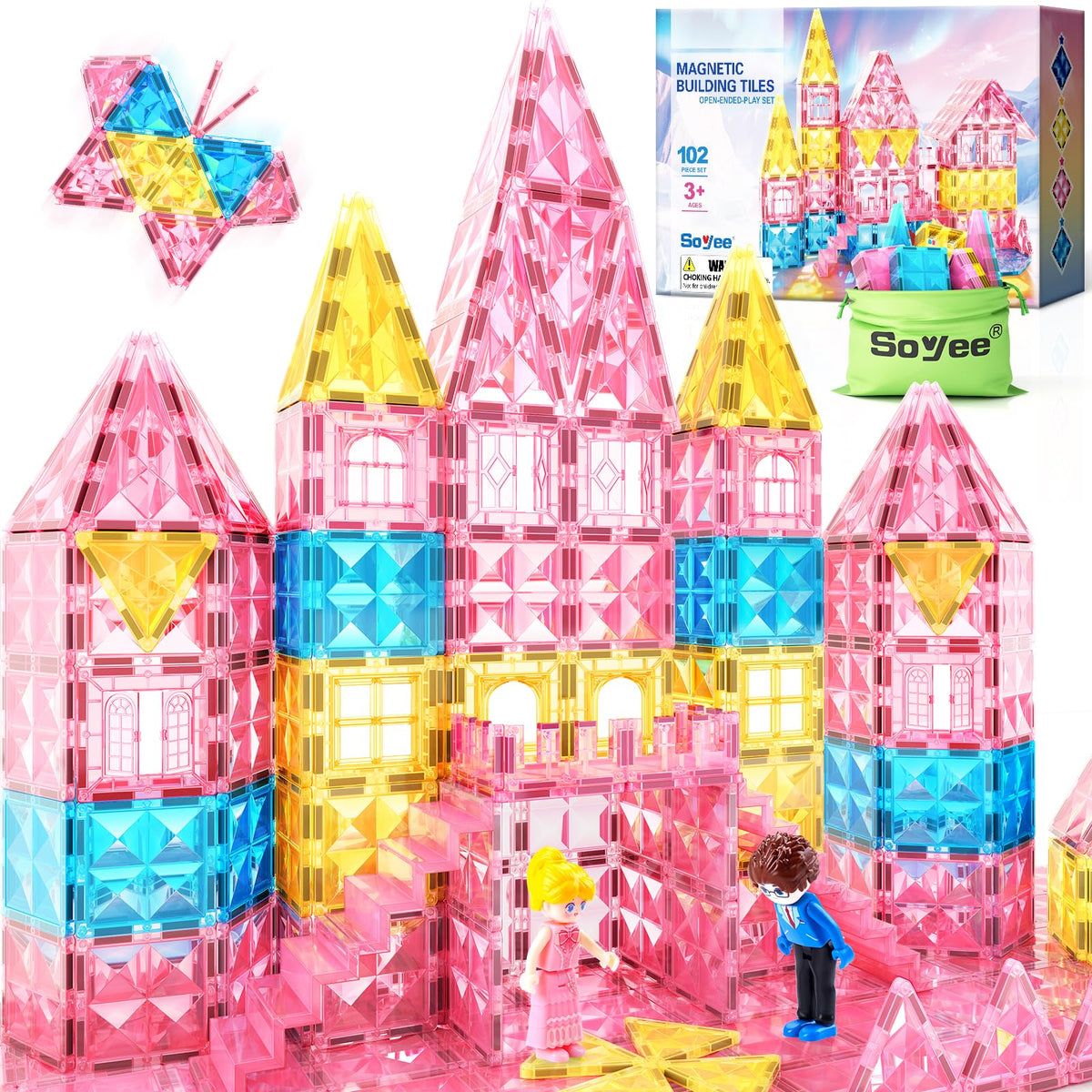 Magnetic Tiles 102pcs with 2 Stairs 2 Dolls Princess Castle Kids Ages 312