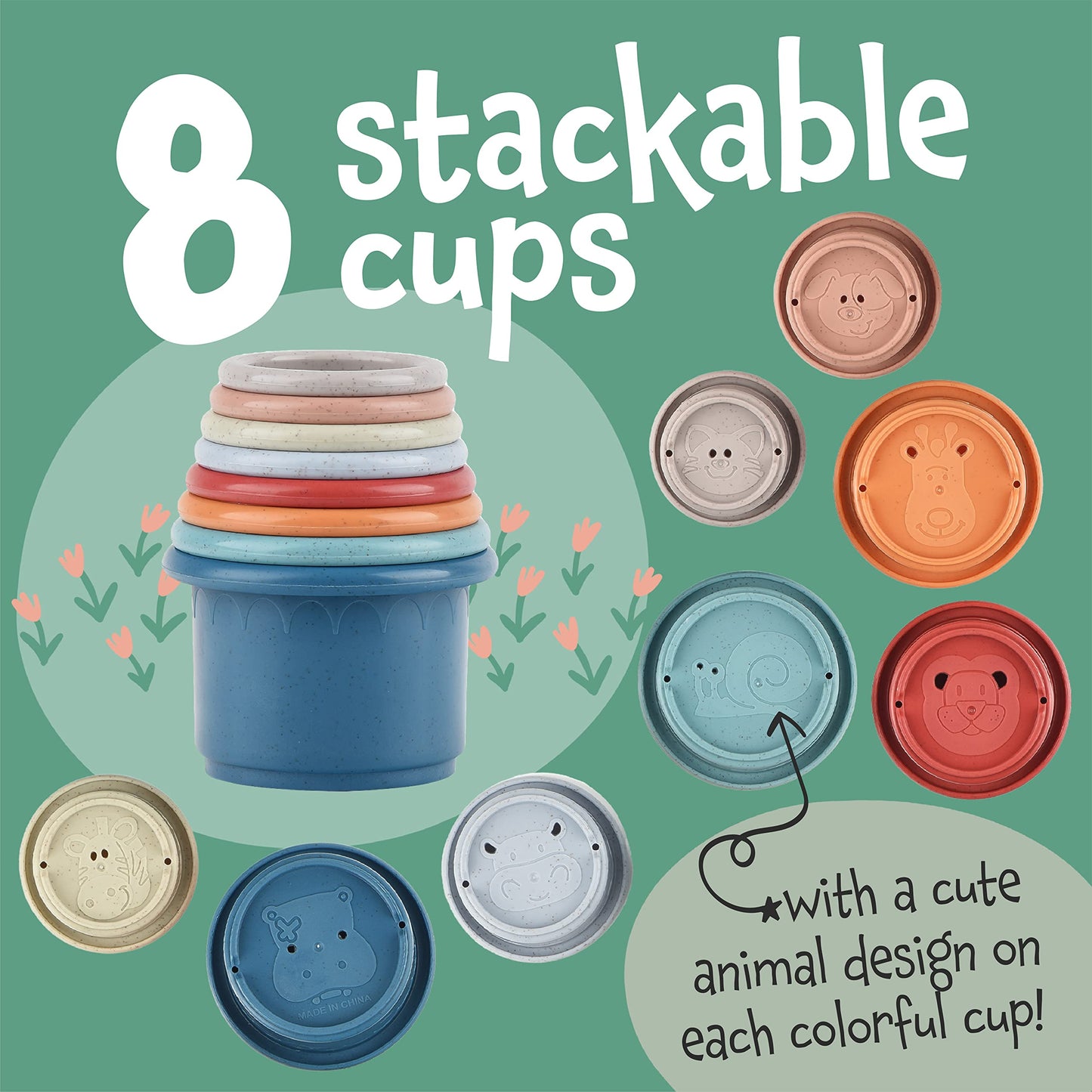 [8 PC] Stacking Cups for Rabbits - Wheat Straw Rabbit Toys with Cute Animal Designs - Bunny Stacking Cups to Play with Rabbits - Nesting Toys for Rabbits to Keep Busy - Graduated Sized Stackable Toys