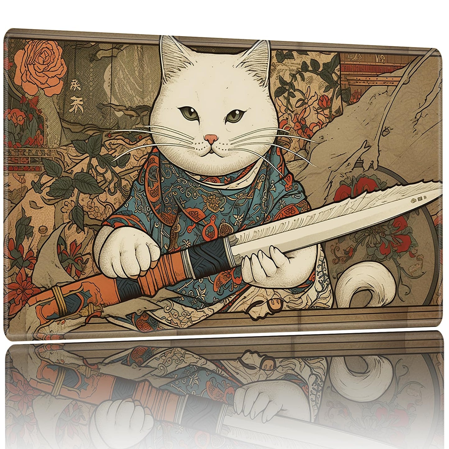 Playmat for MTG Game Mat 24 x 14 inches  Non Slip Rubber Backing TCG and Board Game Mat for Cards Mousepad Desk Mats-Cat with decorative replica blade