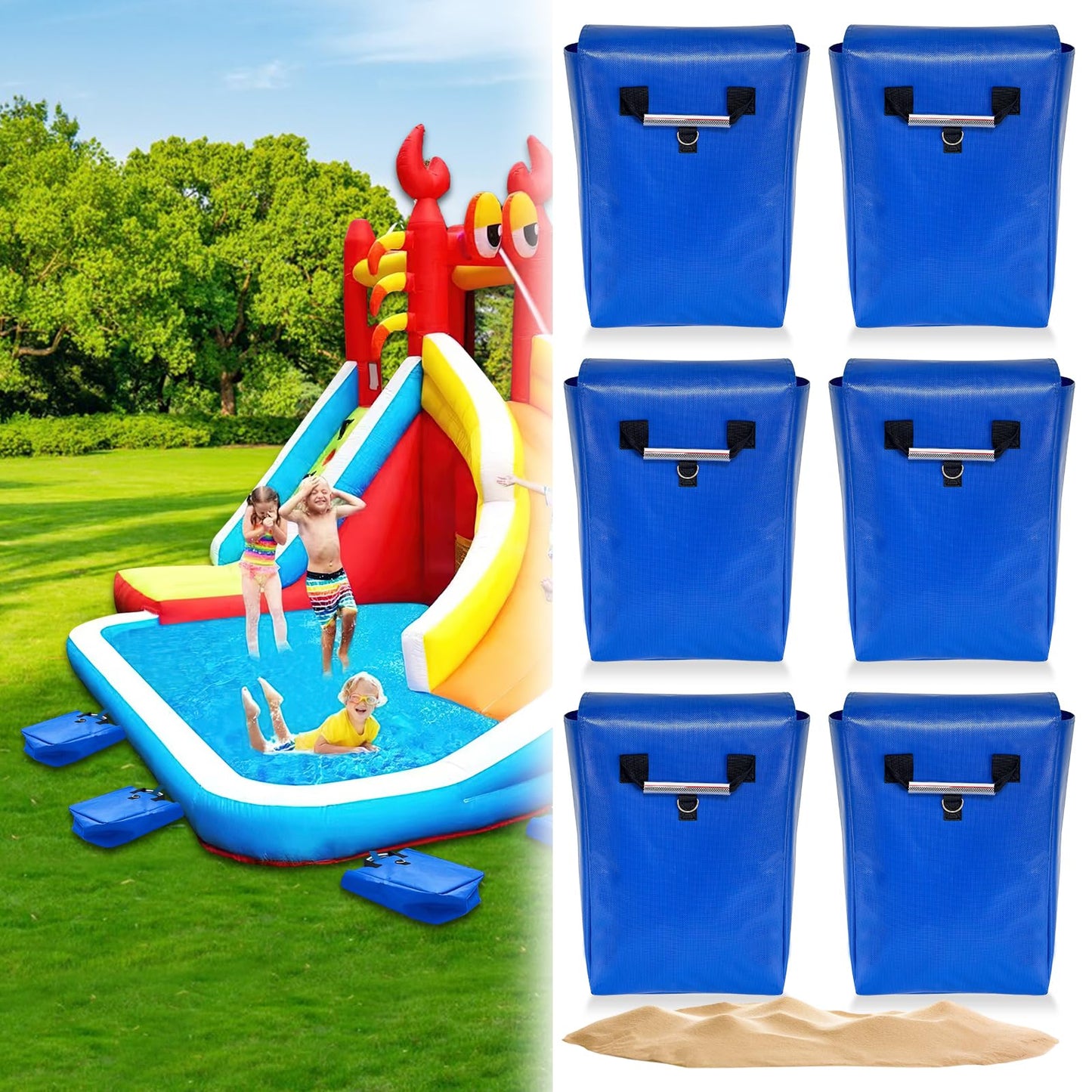 6 Pcs Sturdy Outdoor Toy Sandbags with Handle  50lb Capacity  6-Pack - Safely SeInflatable Bounce Houses  Water Slides  and Tents Blue