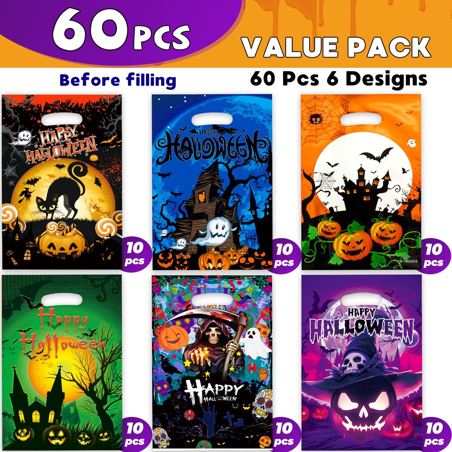 HAPMARS 60 Pcs Halloween Party Favor for Kids Candy Goody Bag, 6 Designs Plastic Trick or Treat Goodie Bags, Halloween Loot Gift