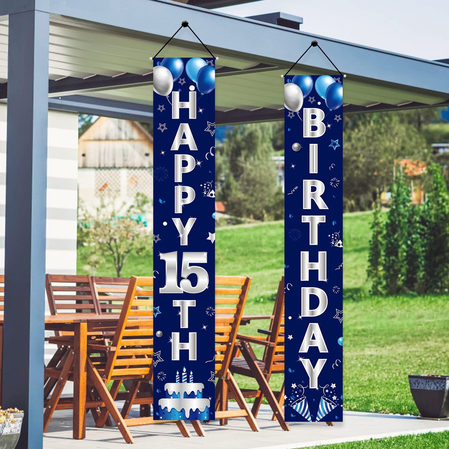 Turypaty Blue Silver 15Th Birthday Door Banner Decorations, Happy 15 Birthday Party Porch Sign Supplies For Boys, Sweet 15 Year
