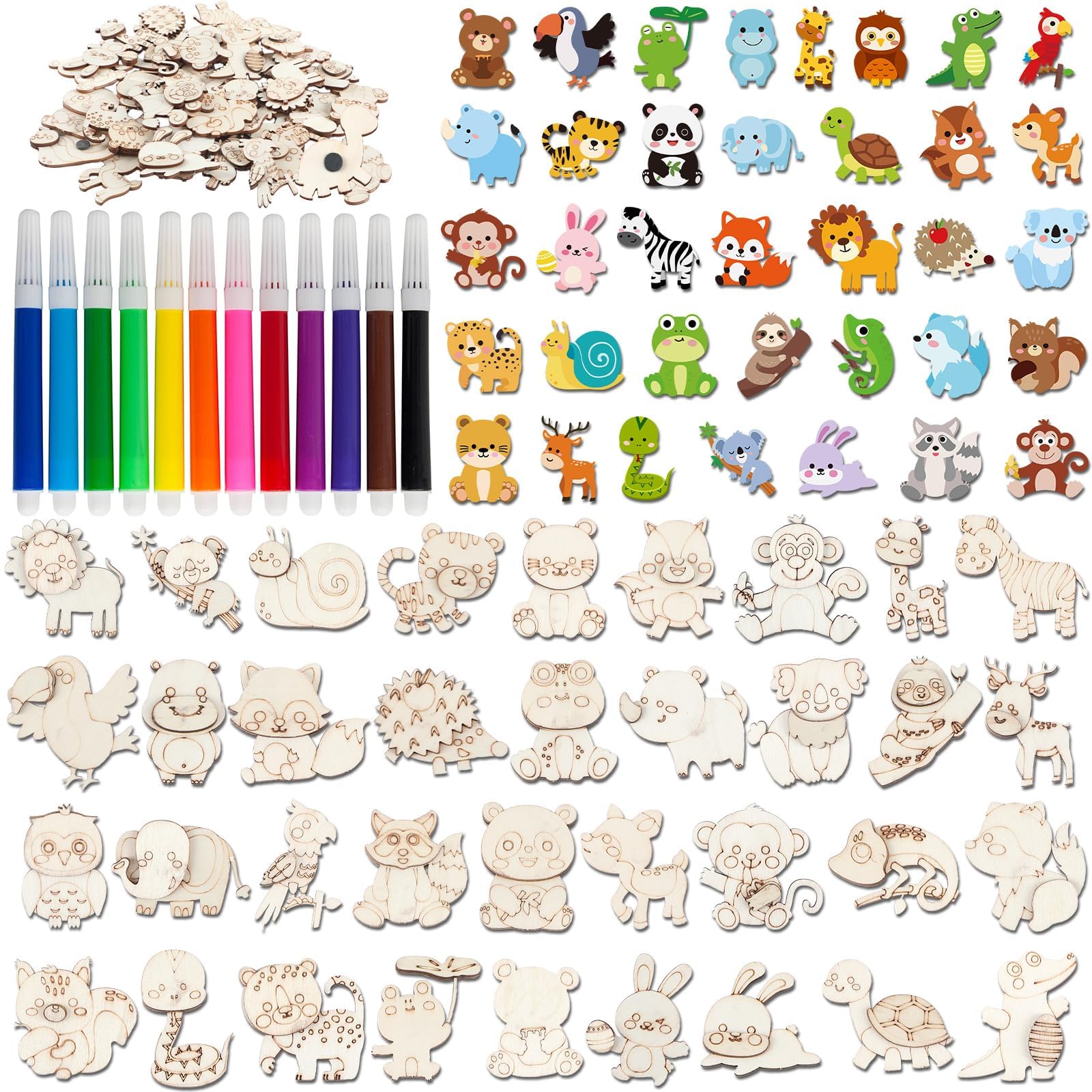 gisgfim 36Pcs Wooden Magnet Painting Craft Kit DIY Wooden Magnets Coloring Arts Crafts for Kids Ages 4-8 8-12 for Birthday Party