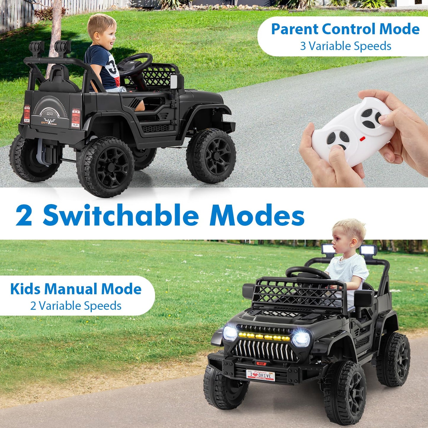 Costzon Kids Ride On Truck, 12V Battery Powered Electric Vehicles w/Remote Control, Spring Suspensions, 3 Speeds, Music, Lights,