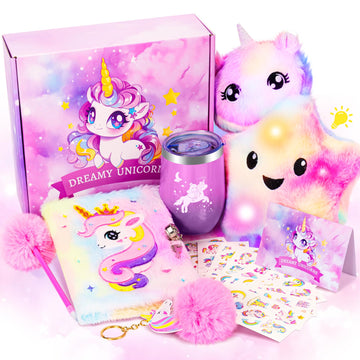 18Pcs Unicorns Gifts For Girls Kids Toys 3 4 5 6 7 8 9 10 Years Old With Diary/Light Up Plush Star Pillow/ Water Bottle/Eye Mask/Crossbody Bag/Headband Teen Girl Birthday Christmas Unicorn Toy
