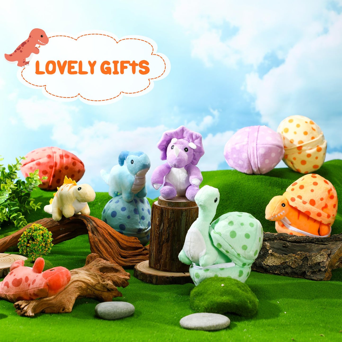 Silipull 12 Pcs Adopt A Dinosaur Party Favors, 6 Small Dinosaur Stuffed Animals Plush Toys Dino Plushies With 6 Mini Dino Egg Ba