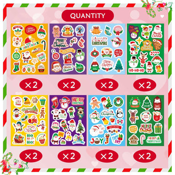 16 Sheets Christmas Stickers For Kids, Merry Christmas Theme Stickers Non-Repeating, Xmas Winter Holiday Party Stickers, Christm