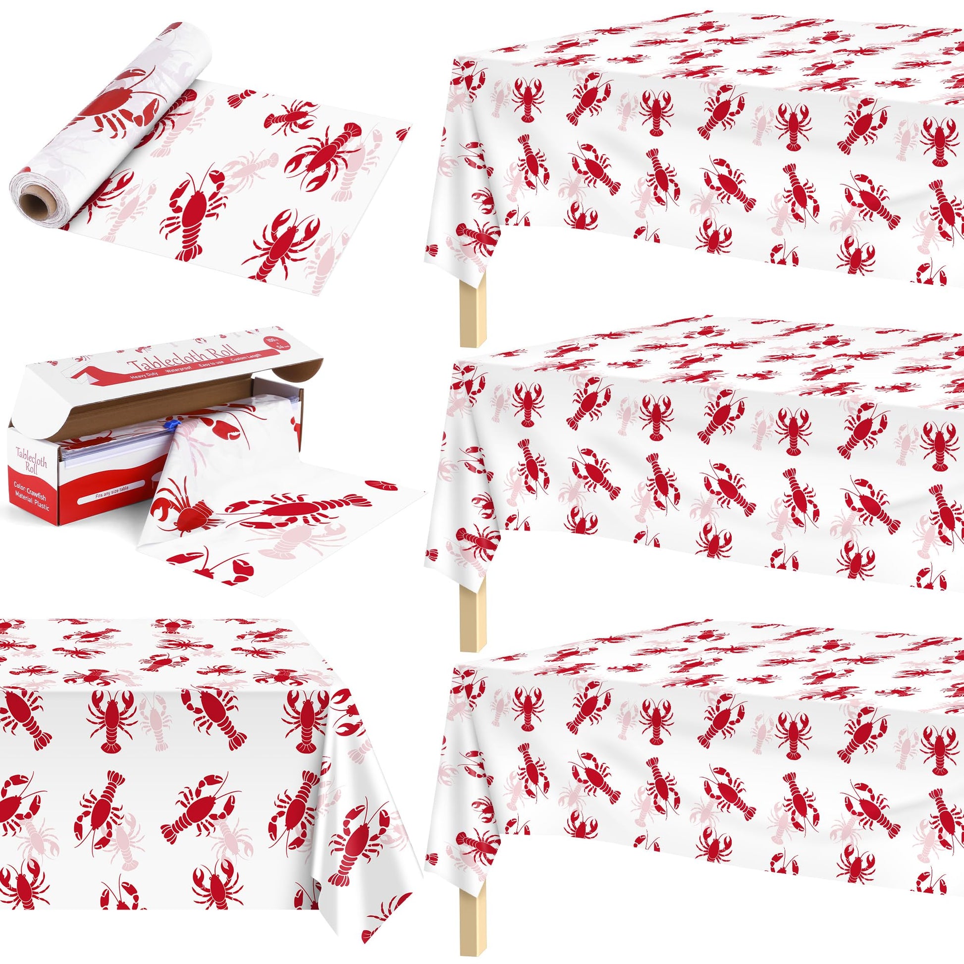 Kochorie 100 Ft x 54 Inch Crawfish Party Tablecloth Roll with Cutter Box Waterproof Plastic Lobster Table Cover for Crawfish Bir