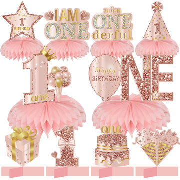 Turypaty 10Pcs 1St Birthday Decorations Honeycomb Centerpieces For Baby Girls, Pink Rose Gold Miss Onederful First Birthday Tabl