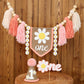 Ereniko Boho Pink Daisy Handmade Burlap Birthday High Chair Banner Wild One Cake Topper Birthday Cone Hat Happy Birthday Party D