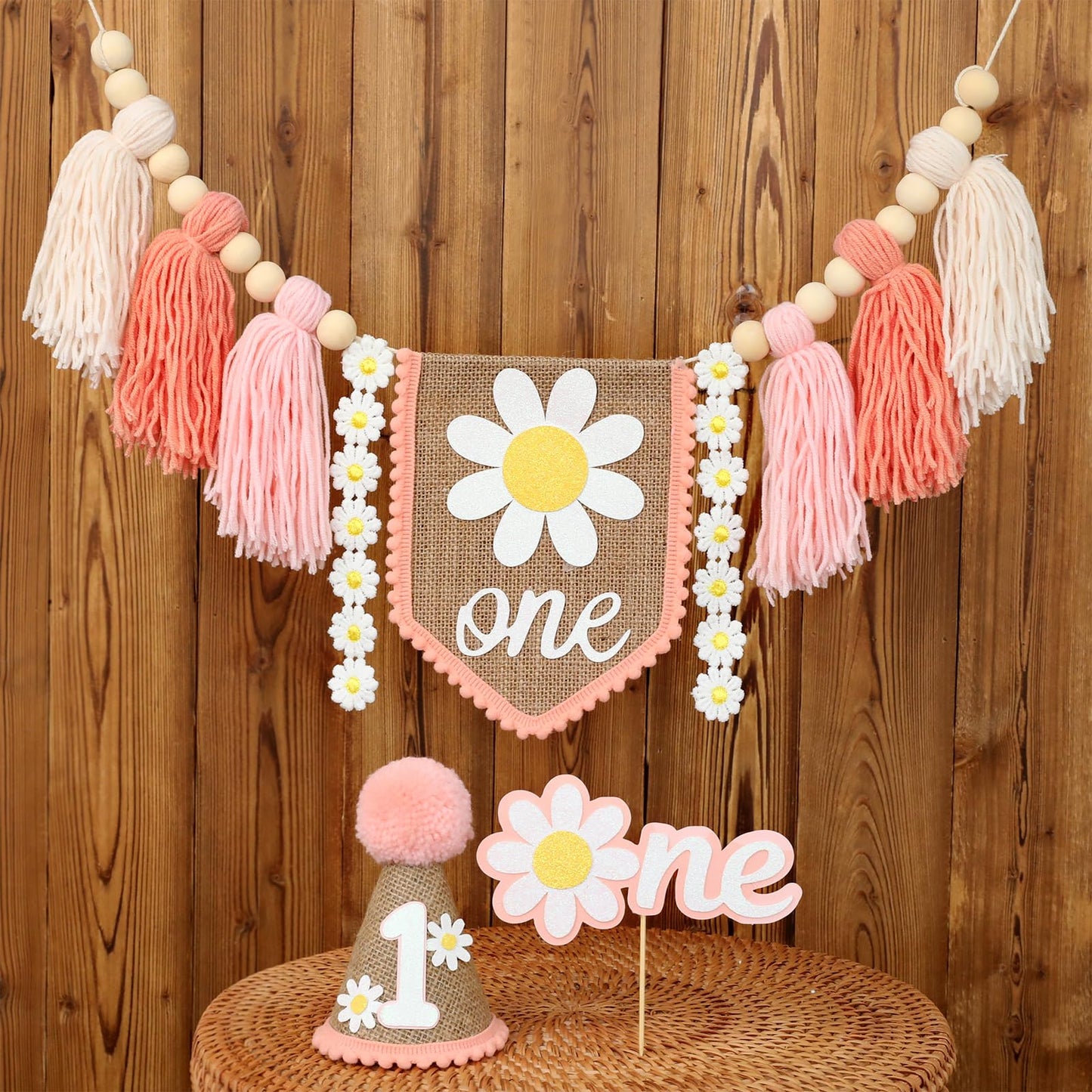 Ereniko Boho Pink Daisy Handmade Burlap Birthday High Chair Banner Wild One Cake Topper Birthday Cone Hat Happy Birthday Party D