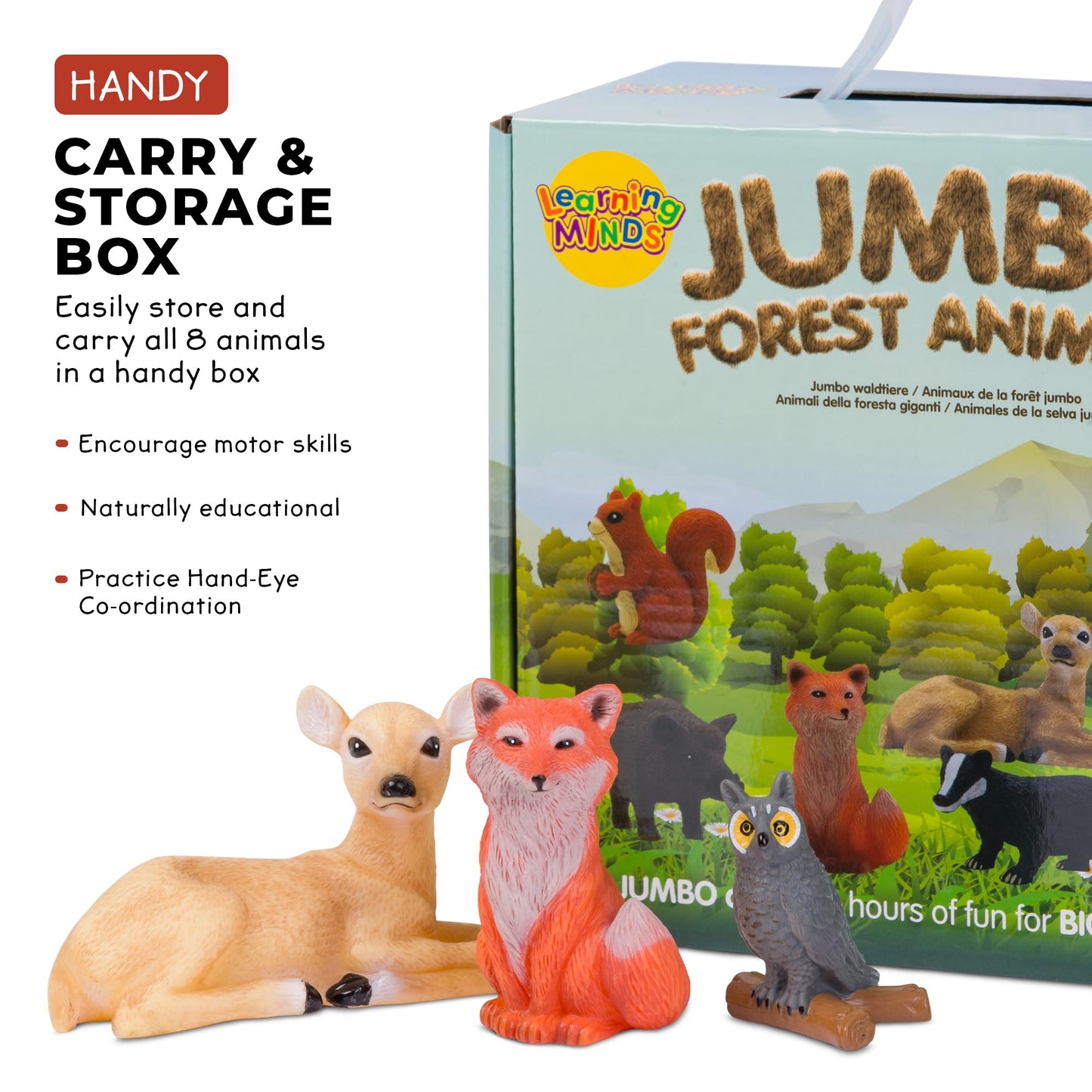 Learning Minds Jumbo Forest Animal Figures Set - 8 Vinyl Woodland Toys for Toddlers Age 1-3, Multi-colour, Large, Model 33235