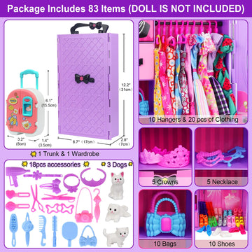 K.T. Fancy 83 Pcs Dolls & Accessories With Doll Closet Wardrobe For 11.5 Inch Doll Dress Up Set Including Wardrobe Shoes, Wallet, Dress Hangers, Brush, Necklace, Pet And Other Accessories