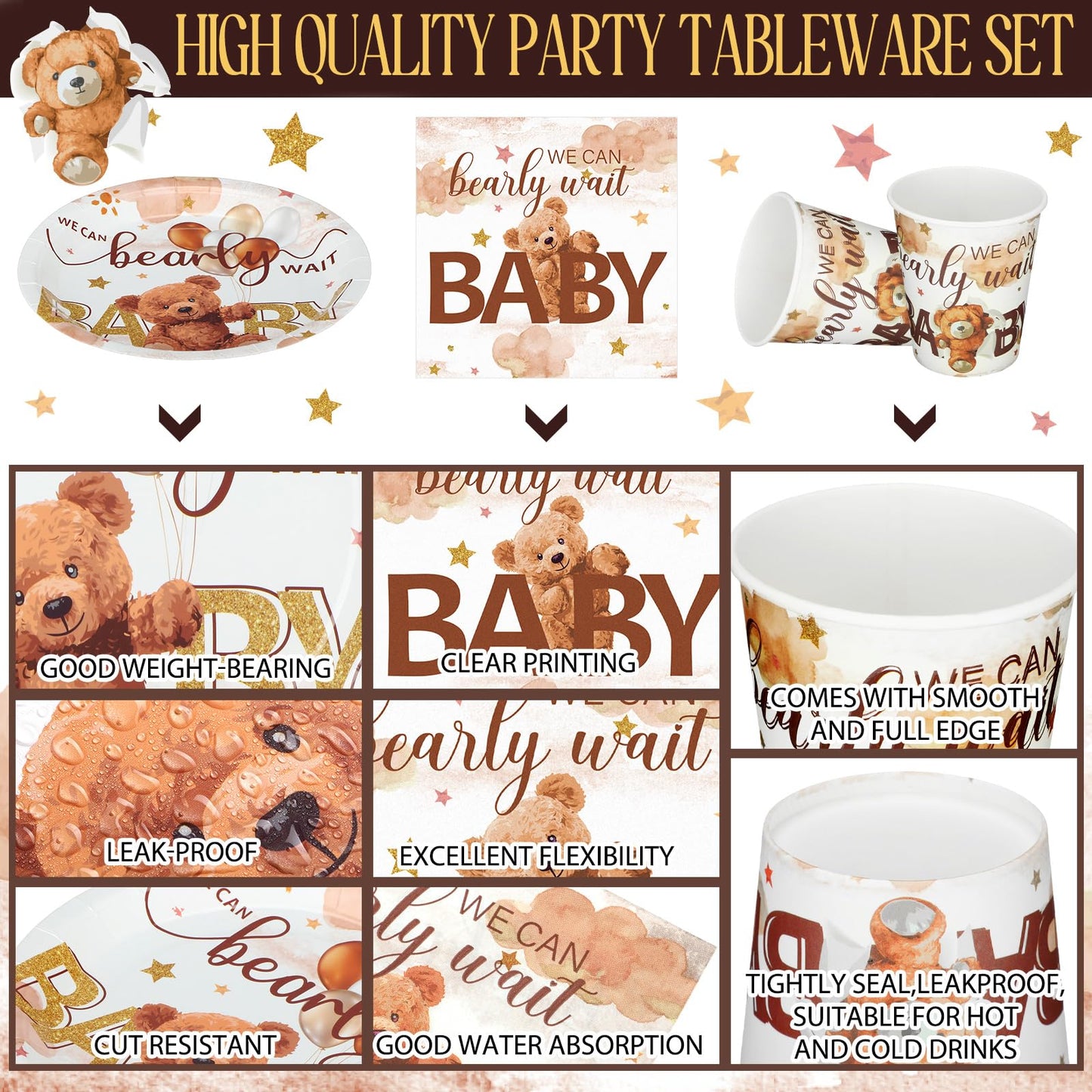 Hushee 200 Pcs Brown Bear Baby Shower Paper Plates Napkins Cups Baby Shower Party Supplies Tableware Set Brown Bear Disposable C