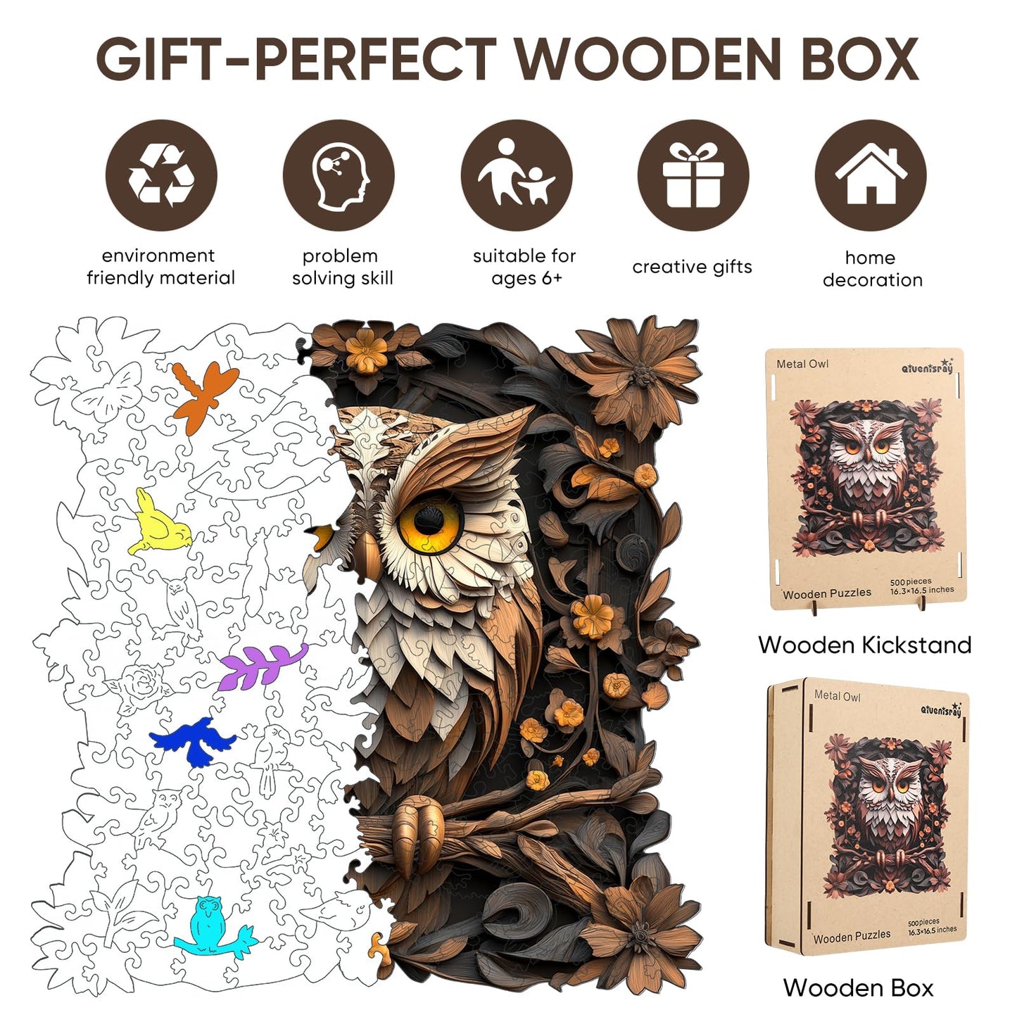 Qiuenisray Wooden Puzzles for mature-themeds 500 Pieces  Metal Owl Jigsaw Puzzles  Unique Shape mature-themed Puzzles  Irregular Christmas Thanksgiving Gifts for Family Friend(16.5 x 16.3 in)