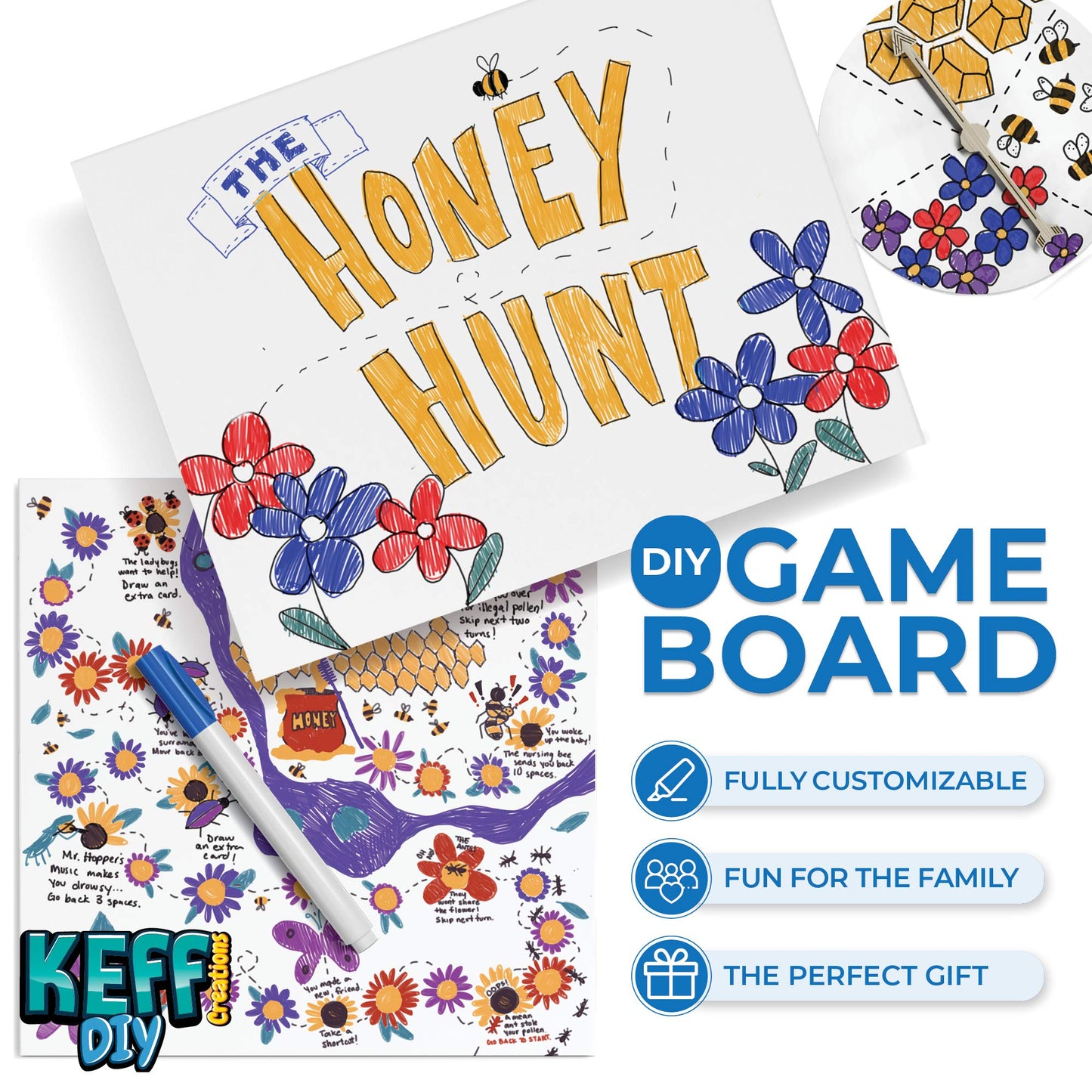 Keff Make Your Own Board Game Set - Diy Blank Game Board Kit With Game Pieces, Blank Cards, Dice, Spinner, Pawns & More - Fun Family Board Games For Kids & Adults