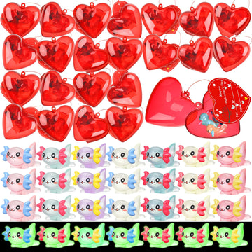 Syhood 28 Pcs Valentines Party Favors Set Toys Luminous Axolotl Filled Hearts Kawaii Animal Resin Axolotl Toy for Valentines Da
