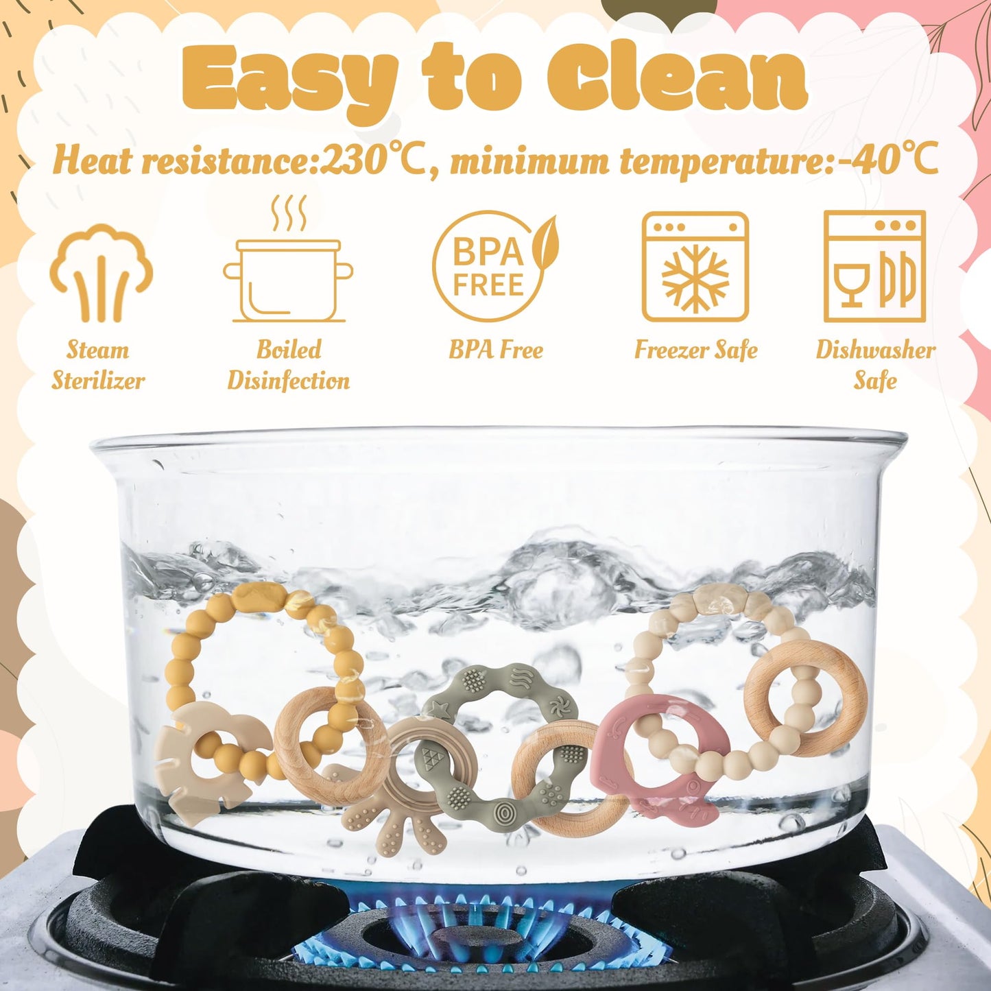 Silicone Teether Toys for Babies - 2ooya 3Pcs Animals Themed Teething Ring, Elephant Baby Sensory Chew Toys with Rattles for New