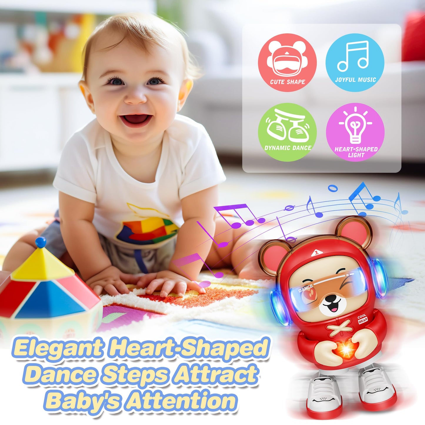 2 Pcs Dancing Bear Toys, Baby Dancing Moving Crawling Musical Toys Age 3-12 Months, with Light, Musical and Dancing, Birthday Gi