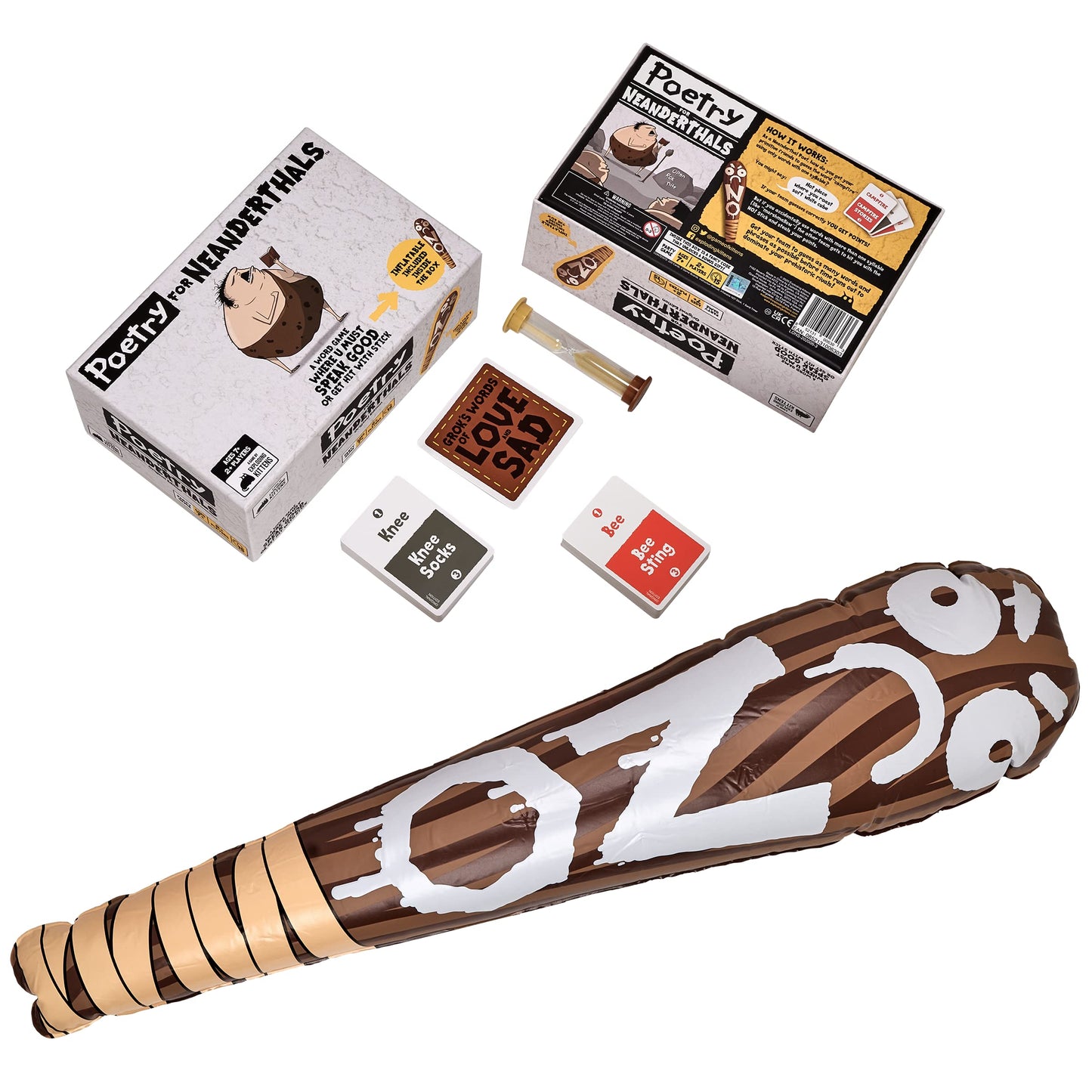 Exploding Kittens Presents Poetry For Neanderthals - Family Card Game For Adults, Teens & Kids - Competitive Word Guessing Family Games, Ages 7 And Up - Includes 200 Cards And A 2-Foot Inflatable Club