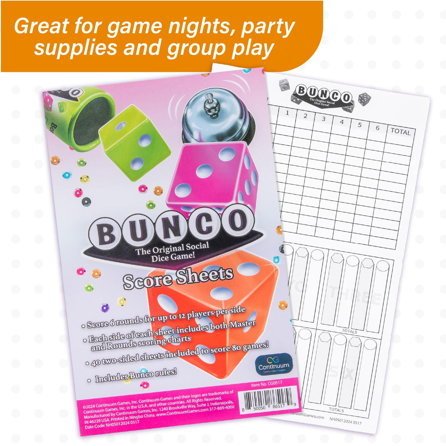 Continuum Games Bunco Score Sheets Refill, Double-Sided Sheets, Scores 6 Rounds For 12 Players Per Side, Essential For Scorekeeping Bunco Game Nights, Includes Bunco Rules, Bunco Party Supplies