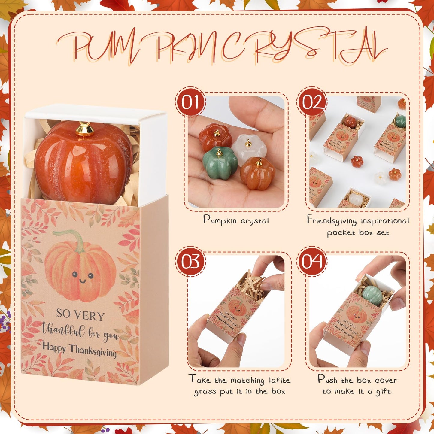 LemonRoad 10 Sets Happy Thanksgiving Gifts Crystal Pumpkin with Maple Leaves Gift Box Positive Fall Decor for Thanksgiving Party