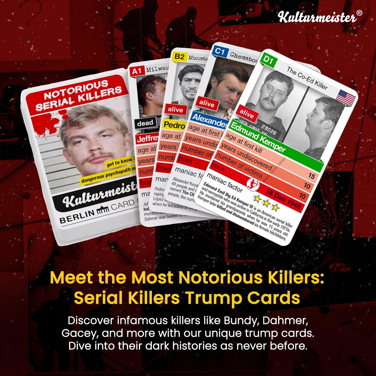 Kulturmeister Notorious Serial Killers Trump Card Game - Detective Mystery Investigation, Cardstock, Transparent, Model K-003