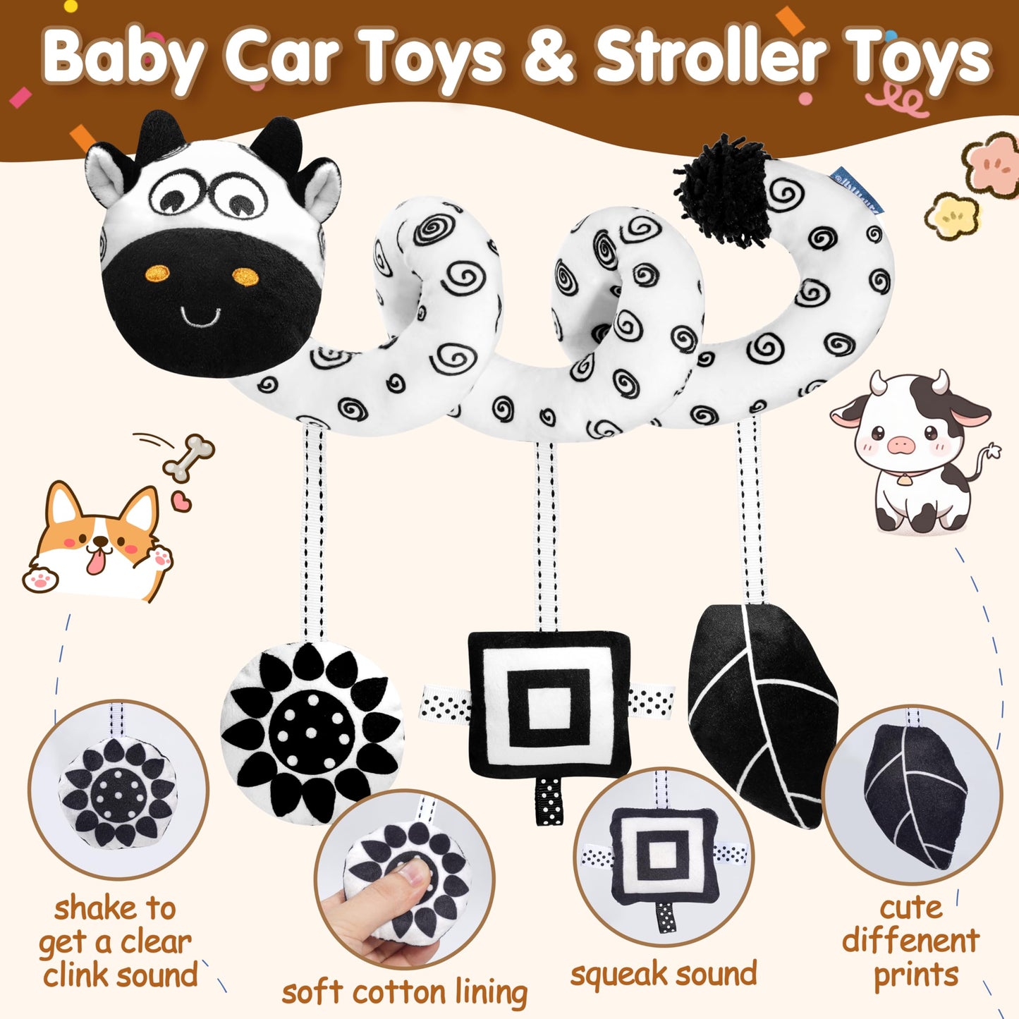 Tsyan Car Seat Toys For Babies 0-6 Months,Hanging Rattle Toys For Crib Mobile, Baby Spiral Hanging Stroller Black And White High