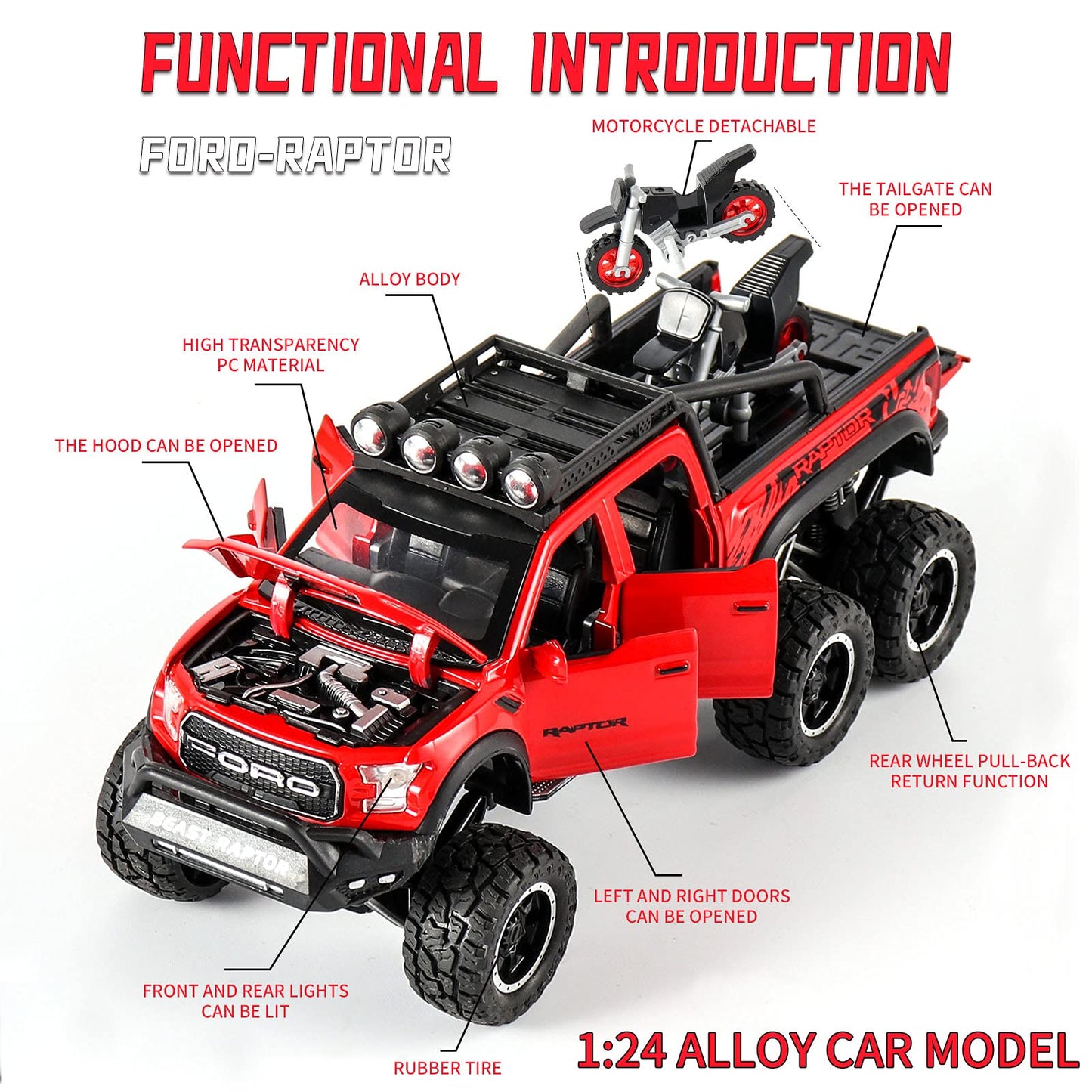 Monster Trucks for Boys - 1/24 Scale Die-Cast Metal Toy Car F150 with Sound and Light,Pickup Truck and Trailer Cars Toy Cars for