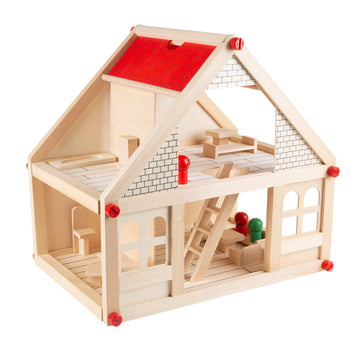 Dollhouse for Kids - Classic Pretend Play 2 Story Wood Playset with Furniture Accessories and Dolls for Toddlers  Boys and Girls by Hey! Play! Brown-New Condition