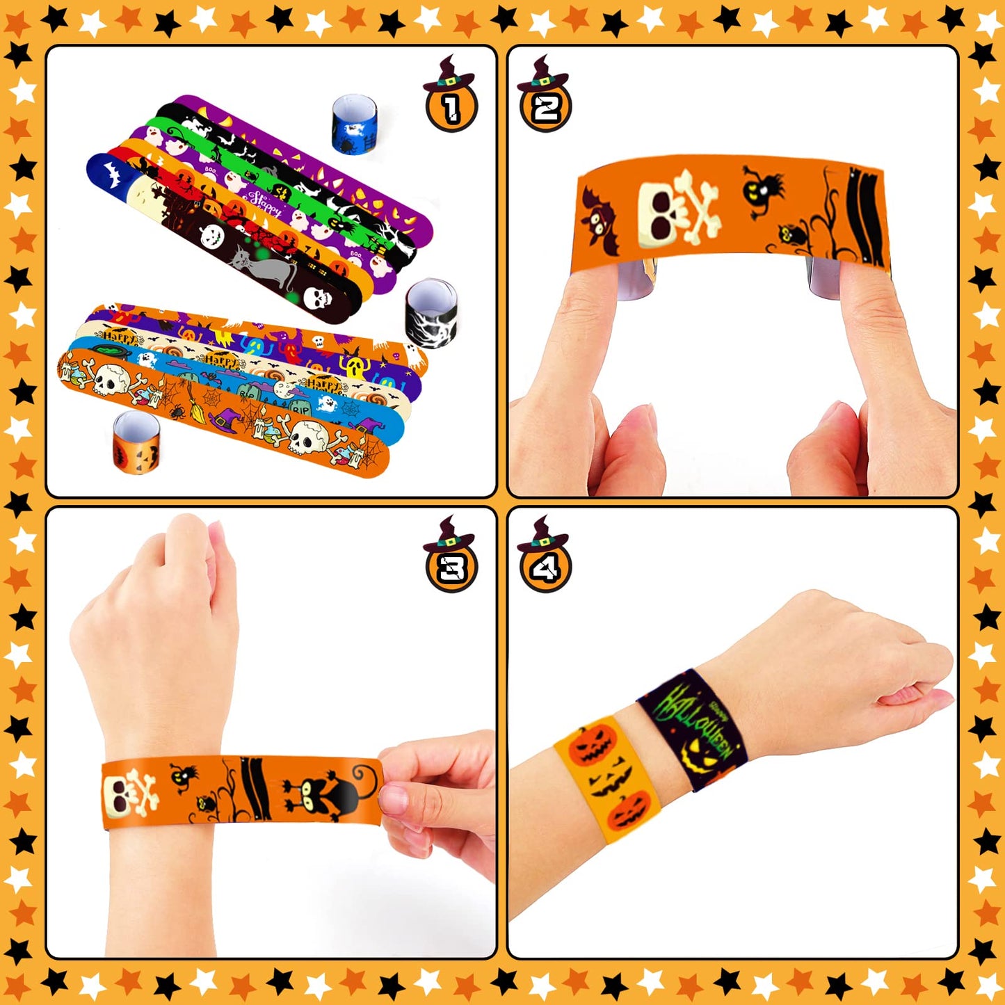 Halloween Slap Bracelets for Kids, 100 Halloween Bracelet Toys Bulk For Kids Girls Boys, Trick or Treat Party Favors, Exchanging