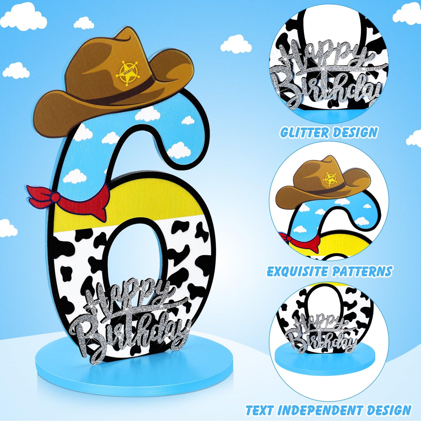 Vercraft Toy Theme 6th Birthday Party Number Centerpiece Cartoon Party Number Sign Blue Sky and White Cloud Cow Birthday Sign fo
