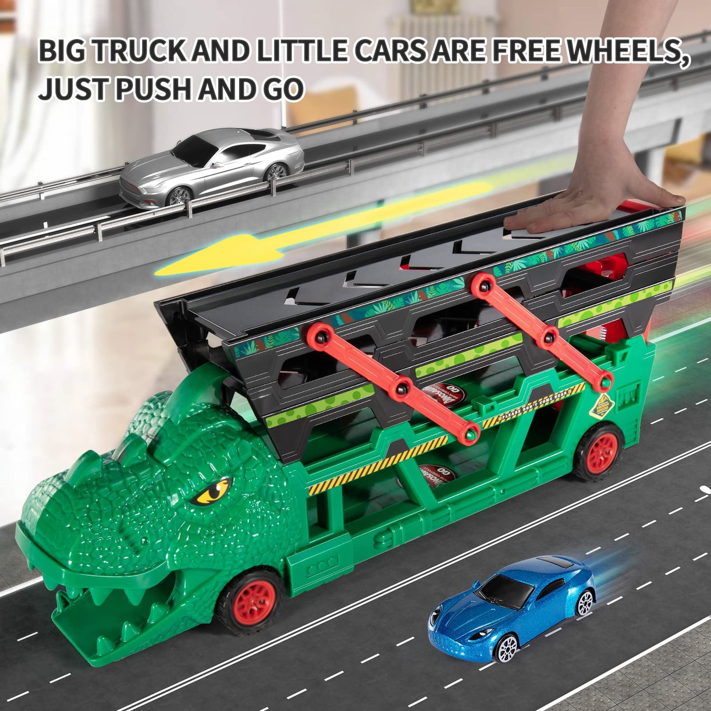 TEMI Dinosaur Truck Toy with 6 Diecast Race Cars for 2 3 4 5 6 Years Old Toddler Boys, Dino Storage Carrier with 4 Expandable Le