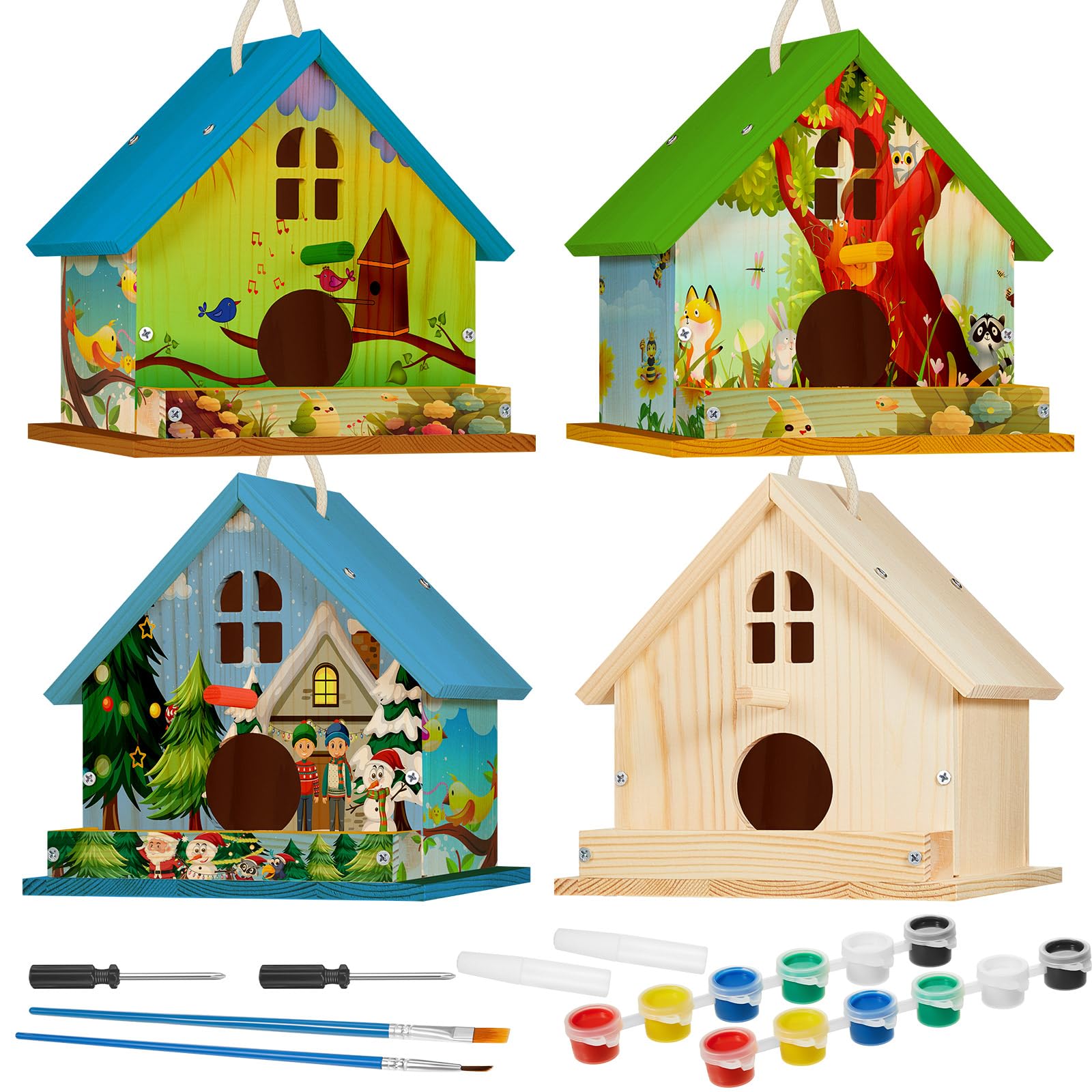 Juexica 4 Pack Wooden Birdhouse Kit DIY Buildable Bird House with Paint and Paintbrushes Art and Crafts Painting Kits for Boys G