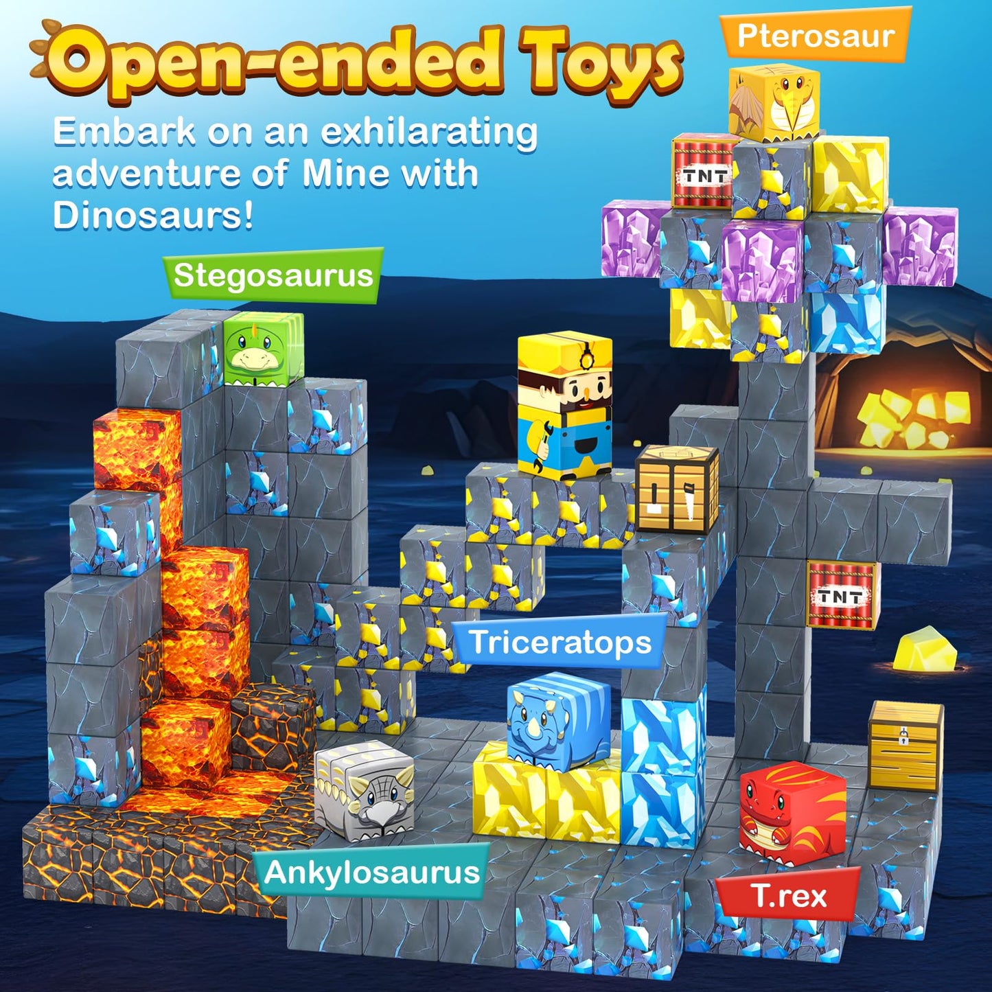 100PCS Magnetic Blocks-Build Mine Magnet World Jurassic decorative replica blade Dinosaur Toys Building Blocks for Boys Girls Ages 3-5 5-7  Classroom Must Haves Stem Education Sensory Kids Toys Christmas Birthday Gifts