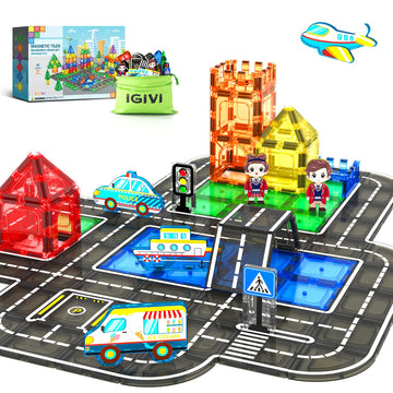 Igivi Magnetic Tiles City Road Set With Magnet Car Toys, Magnetic Blocks Building Toys For Kids, Stem Construction Toys For Toddlers,Toy Gifts For 3+ Year Old Boys & Girls