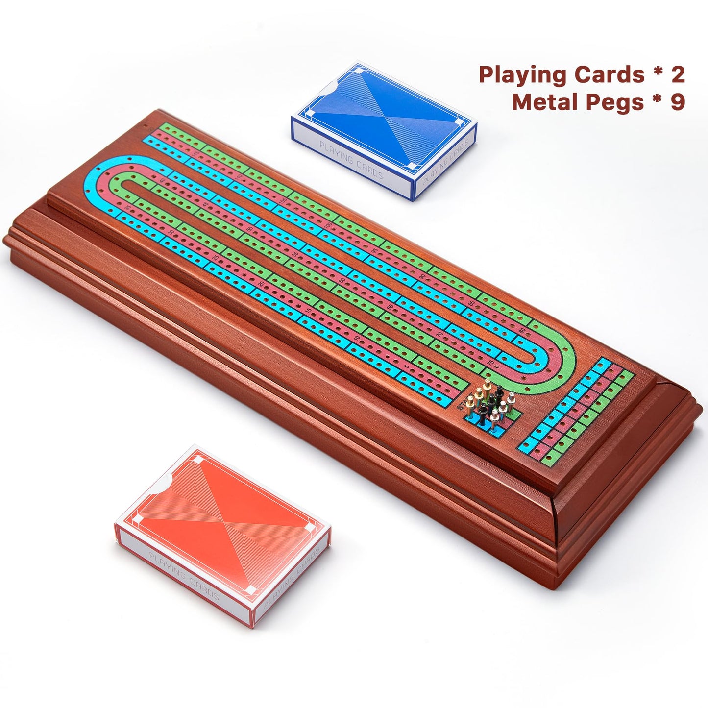 Elongdi Wooden Cribbage Board Game Set With Large Storage Area,9 Metal Pegs & 2 Playing Cards Continuous Solid Wood 3 Track Board Travel Portable Cards Games For Adults Family