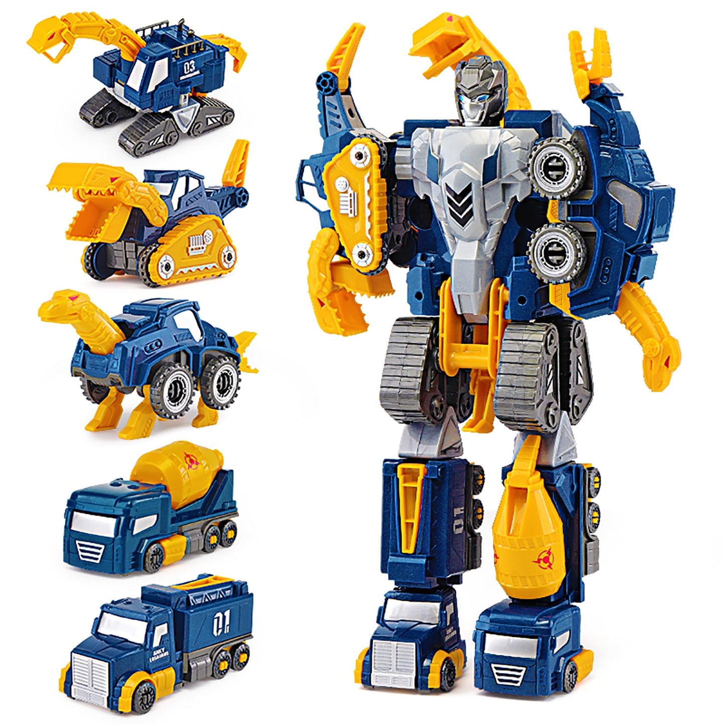 Fuzzy Pixie Toddler Construction Car Set - 5pcs Dinosaur Rescue Robots, DIY STEM Toy, Medium, Blue, Magnetic Vehicles