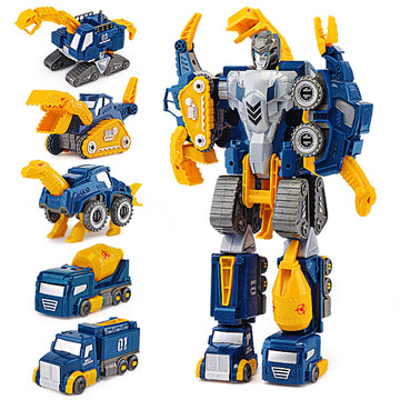 Fuzzy Pixie Toddler Construction Car Set - 5pcs Dinosaur Rescue Robots, DIY STEM Toy, Medium, Blue, Magnetic Vehicles
