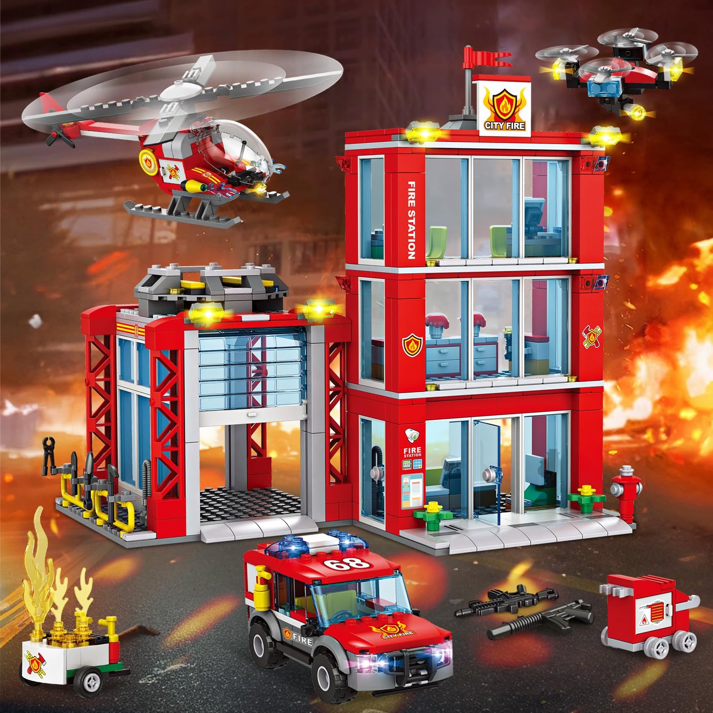 Wishalife City Fire Station Building Blocks Set, Fire Truck, Helicopter, Drone, Rescue Gear, Fire Command Center Playset, Firefi
