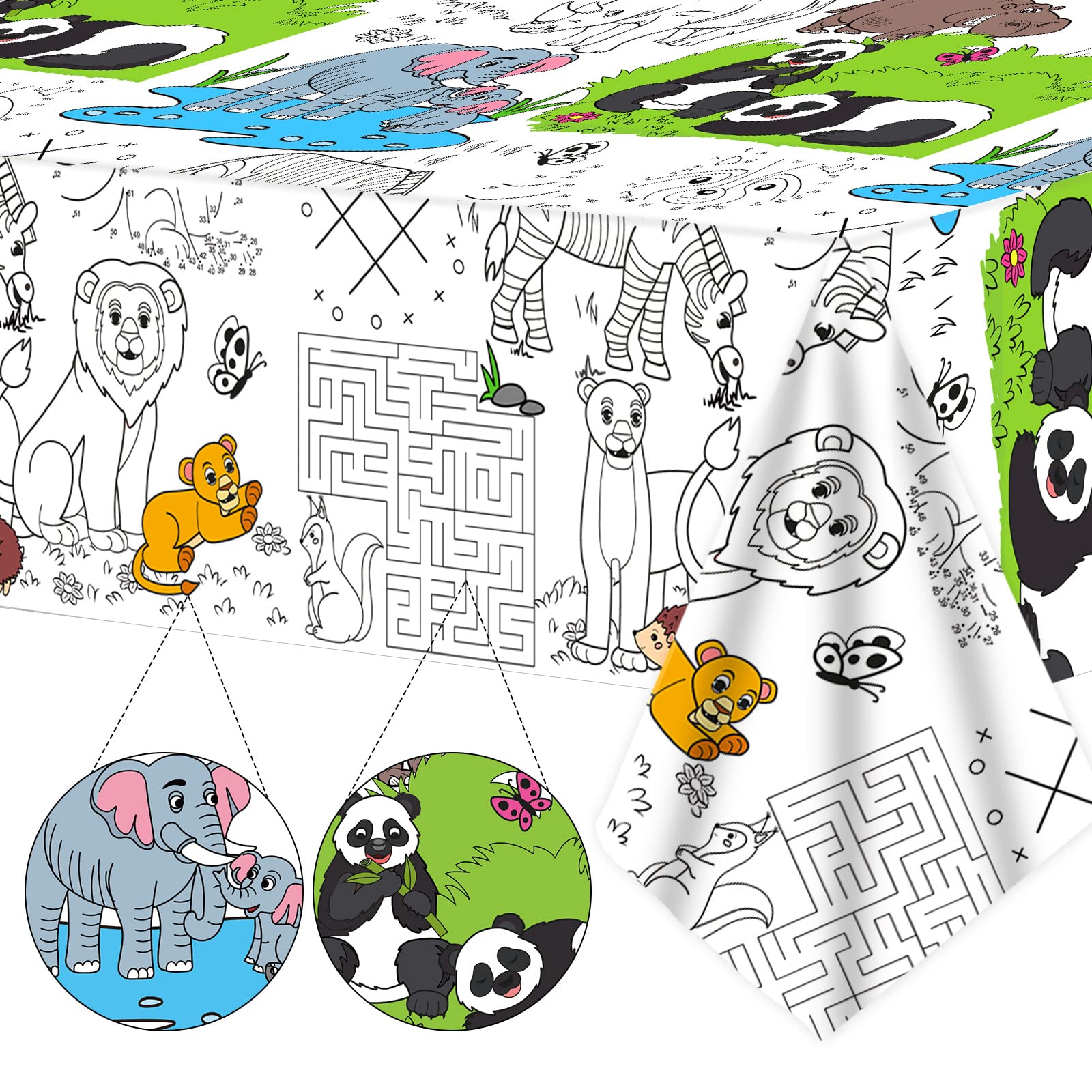Giant Paper Coloring Tablecloth for Kids Huge Zoo Animals World Posters Activity Large Animal Color-in Paper Poster Table Cover 