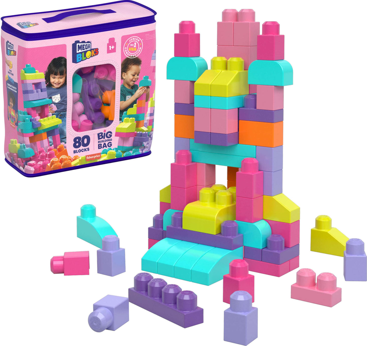 Mega Bloks First Builders Toddler Blocks Toys Set, Big Building Bag With 80 Pieces And Storage, Pink, Ages 1+ Years