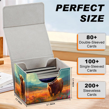 Card Game Storage Box TCG Deck Box MTG Card Box Organizer Trading Card Case Commander Deck Box TCG Card Storage Box Magnetic Closure Creative Pattern Up to 200 Cards  A Highland Cow With Flowers