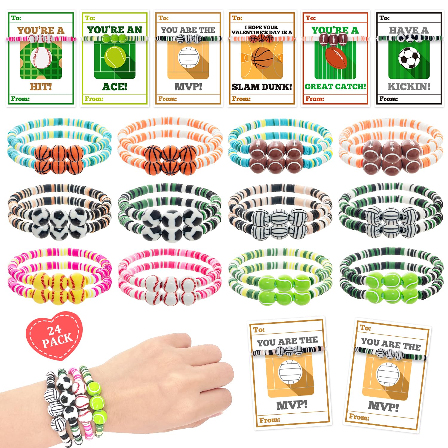 MOVINPE Valentines Day Exchange Gifts for Kids Classroom, 24 Pack Sports Charm Friendship Bracelets with Valentines Day Cards, C